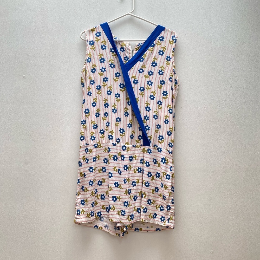 Vintage - 1960’s Blue and White Floral Striped Cotton Sleeveless Romper